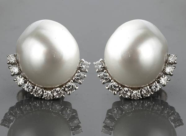 Appraisal: A pair of cultured pearl diamond and k white gold