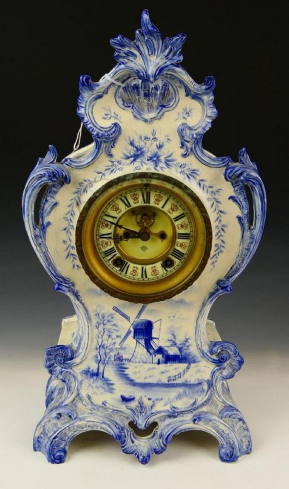 Appraisal: ASONIA ROYAL BONN DELFT PORCELAIN MANTEL CLOCK Ansonia mantel clock