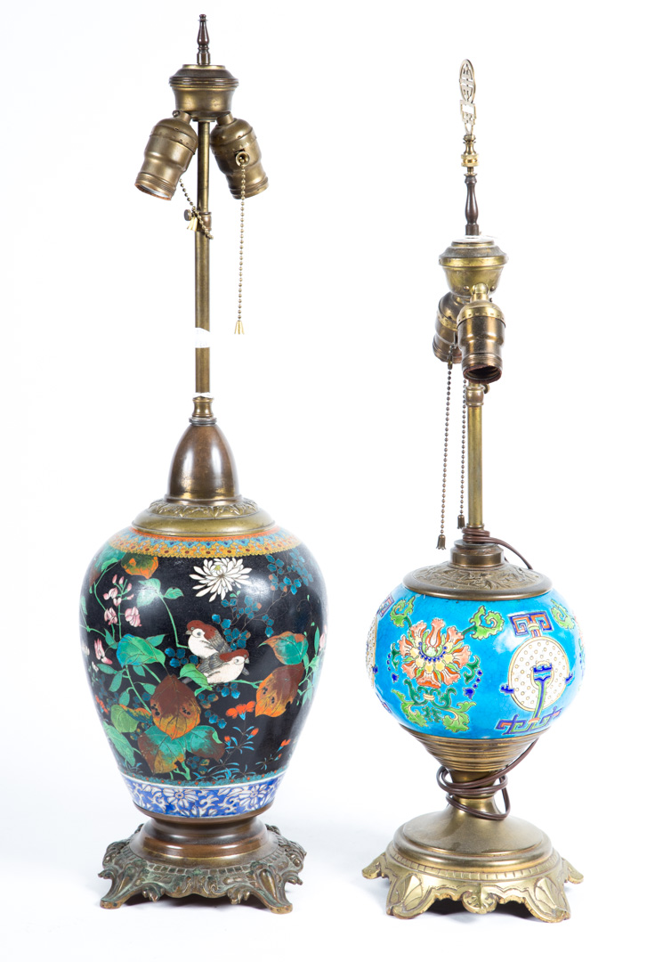 Appraisal: Chinese cloisonne vase lamp and pottery lamp bird and floral