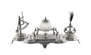 Appraisal: A CONTINENTAL SILVER-PLATE DESK ORGANIZER Early th century Comprising a