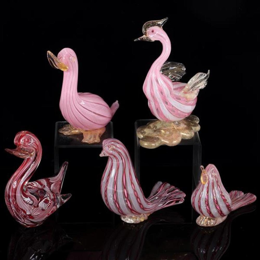 Appraisal: FIVE MURANO ITALIAN ART GLASS PINK RED AND WHITE FIGURAL