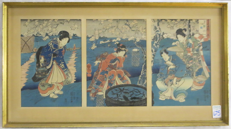 Appraisal: FRAMED JAPANESE TRIPTYCH WOODCUT PRINTS depicting figures in garden settings