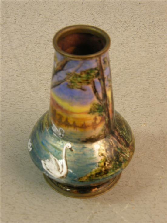 Appraisal: th century Continental enamelled brass vase decorated with swans h