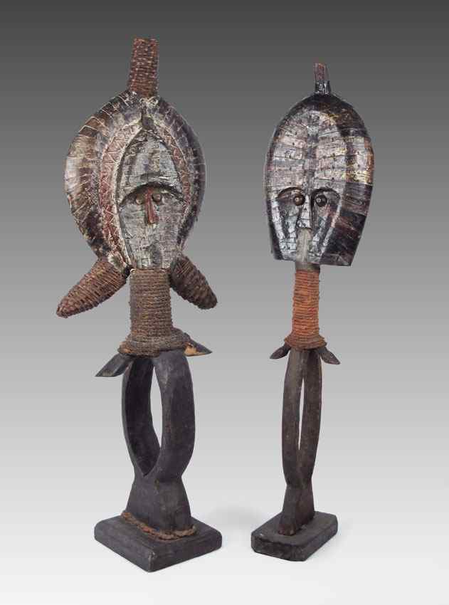 Appraisal: CARVED AFRICAN MAHONGWE RELIQUARY FIGURES LBS '' x '' x