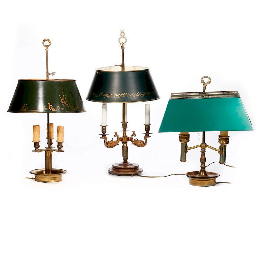 Appraisal: Three French Bouillotte lamps Three th century Bouillotte lamps the