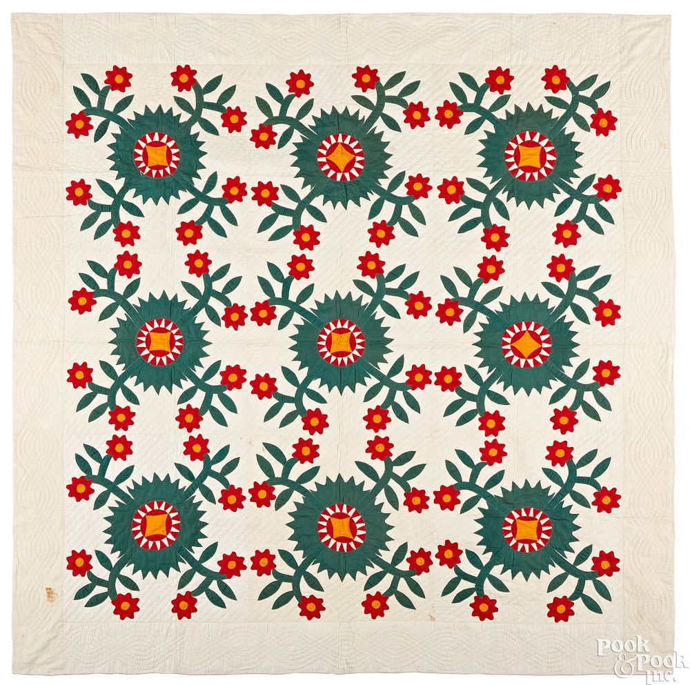 Appraisal: Pennsylvania red green and yellow appliqu quilt Pennsylvania red green