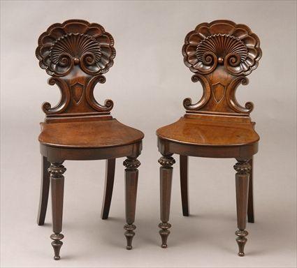 Appraisal: PAIR OF VICTORIAN MAHOGANY SHELL-BACK HALL CHAIRS Each with a