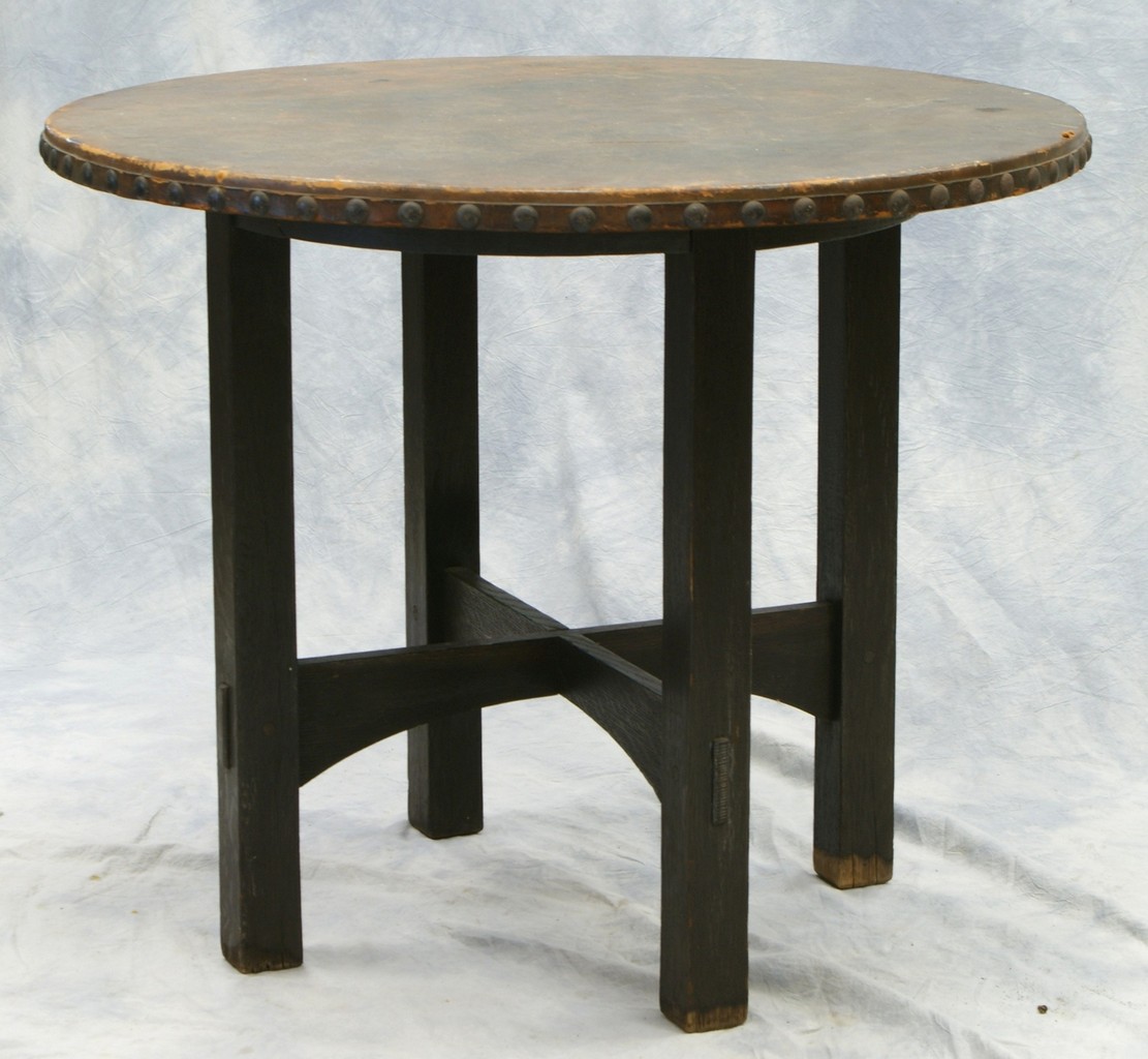 Appraisal: Gustav Stickley lamp table with leather top diameter high bottom