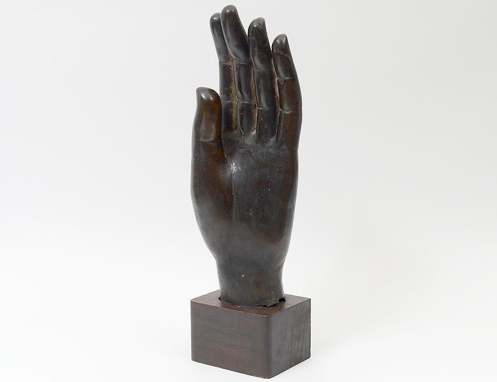 Appraisal: PATINATED BRONZE BUDDHA'S HAND Oriental Height On a wood plinth