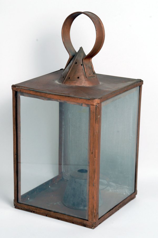 Appraisal: Tin Lantern with glass panels Cone top vent with strap