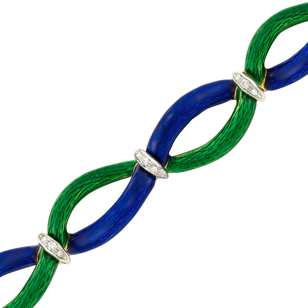 Appraisal: Two-Color Gold Blue and Green Enamel and Diamond Bracelet round