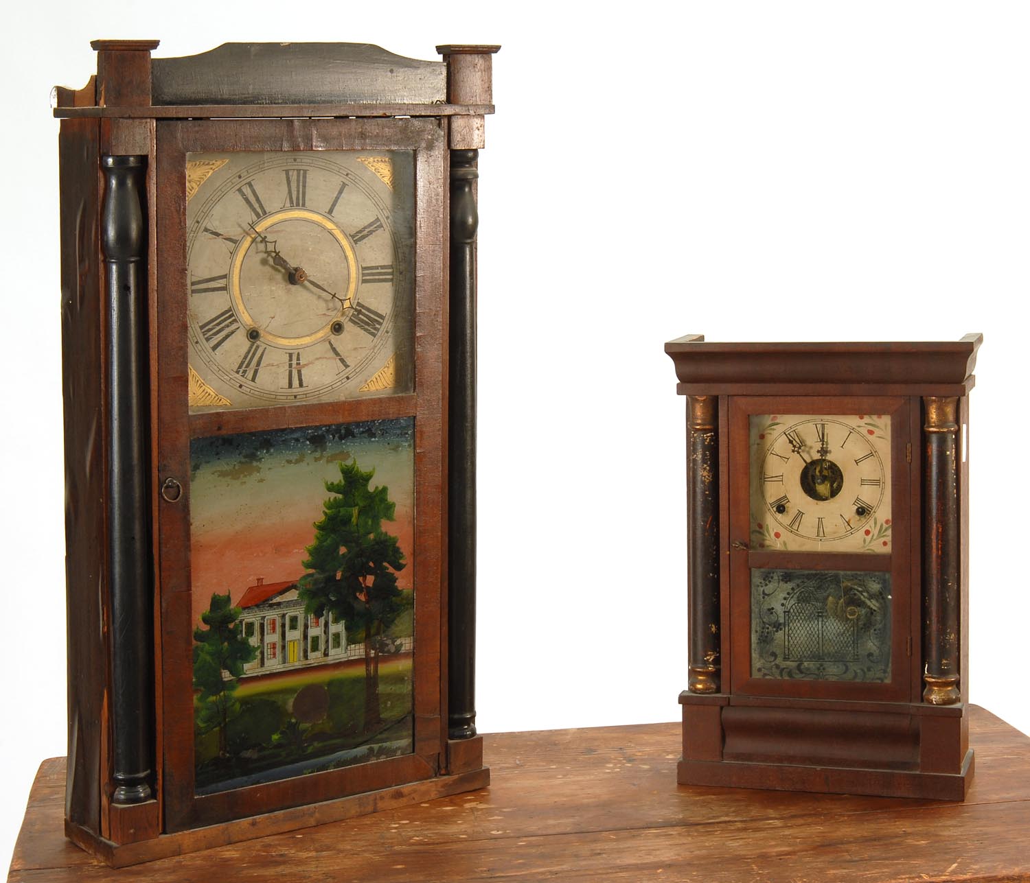 Appraisal: TWO SHELF CLOCKS By Henry Smith in mahogany veneer Reverse-painted