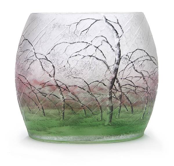 Appraisal: A Daum Nancy enameled cameo glass Rainy Landscape pillow vase