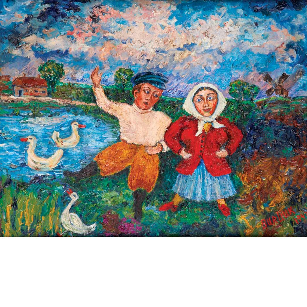 Appraisal: David Burliuk American - Peasants by a Duck Pond Signed