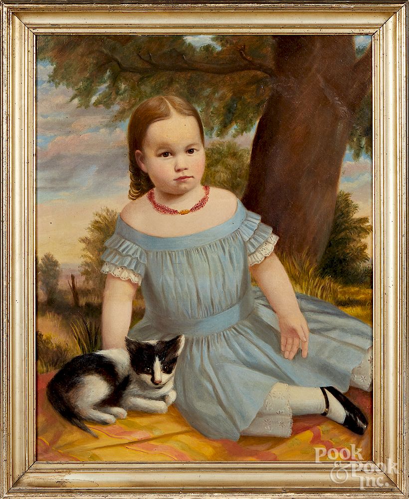 Appraisal: Oil on canvas portrait of a young girl with cat