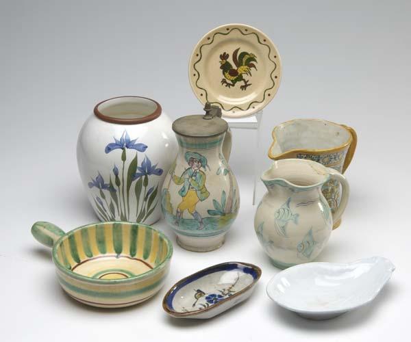 Appraisal: GOUDA Etc Eight pieces three painted pitchers including one lidded