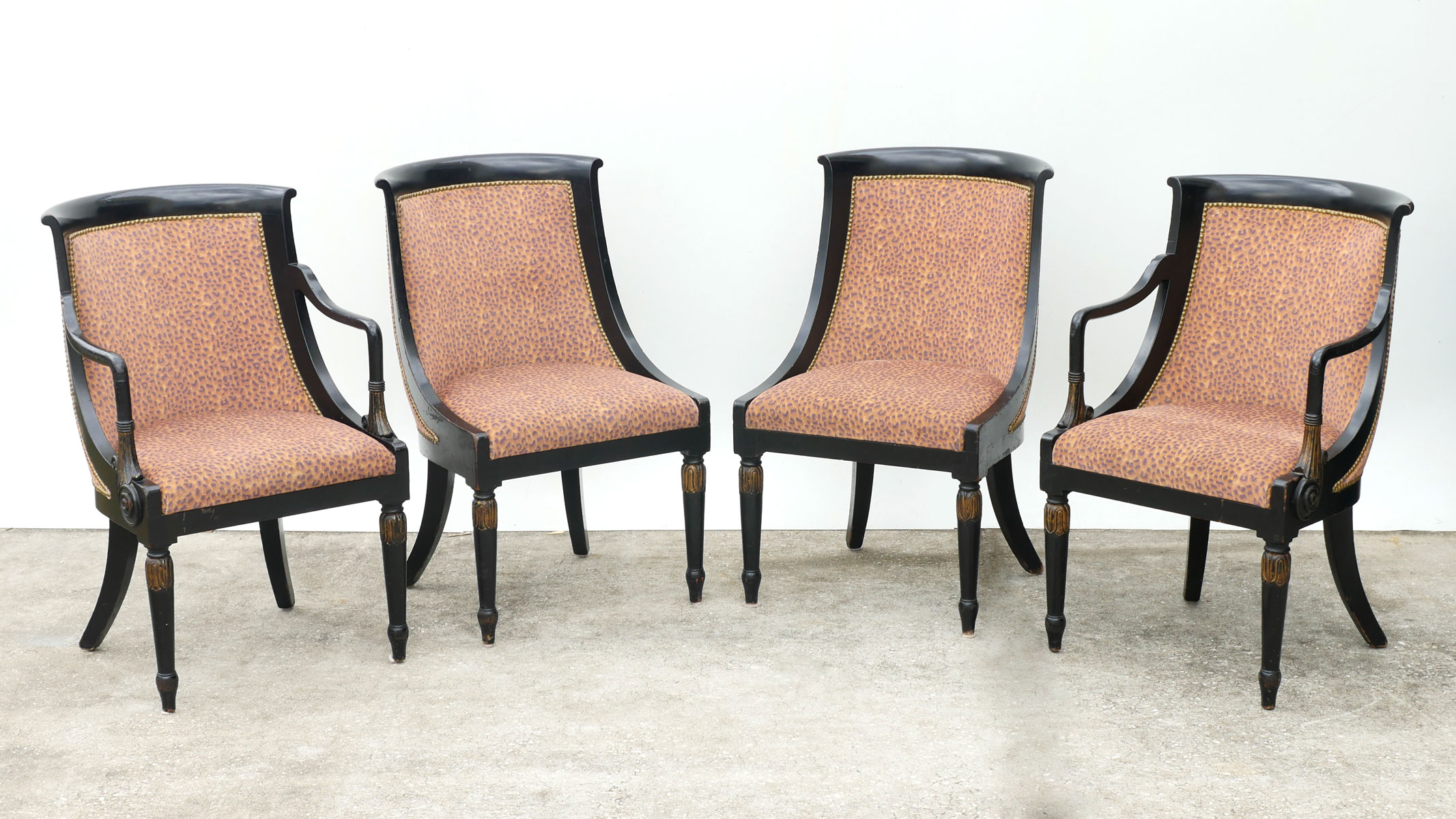 Appraisal: LEOPARD PATTERN BARREL BACK CHAIRS Comprising - Armchairs - Side