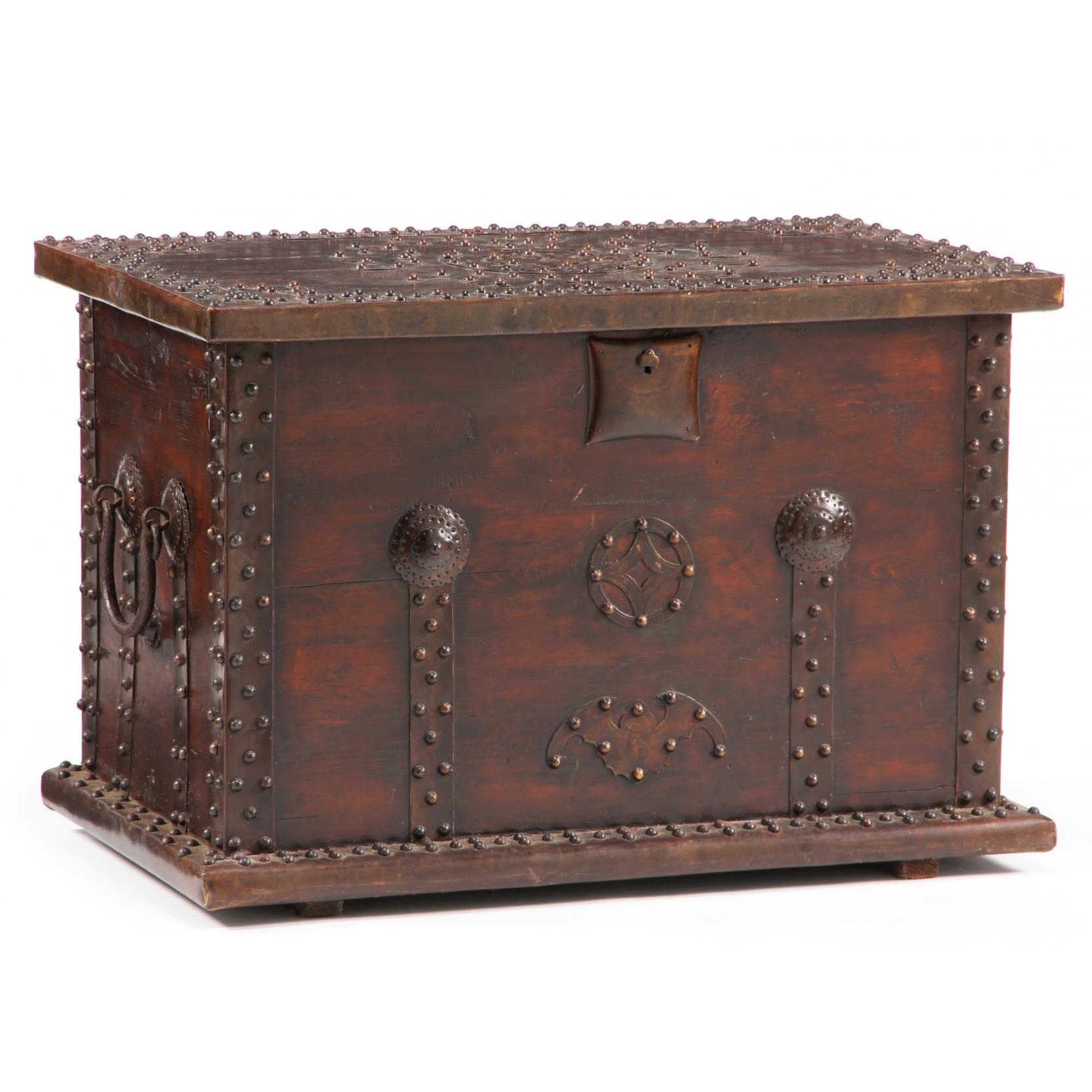 Appraisal: Chinese Brass-Decorated Chest early th century elmwood chest with brass