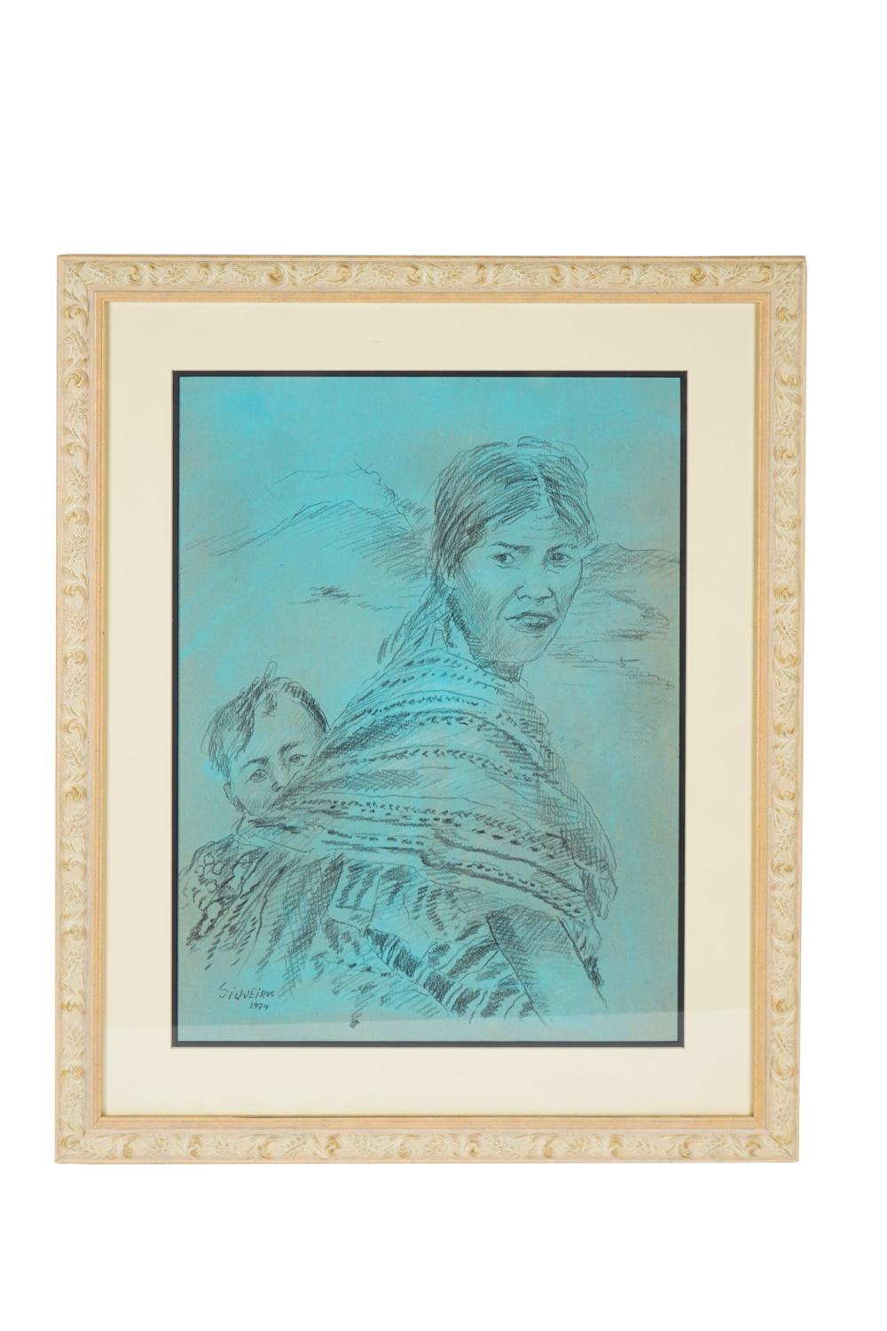 Appraisal: AFTER SIQUEIEROS PORTRAIT OF MOTHER CHILD pencil on blue paper