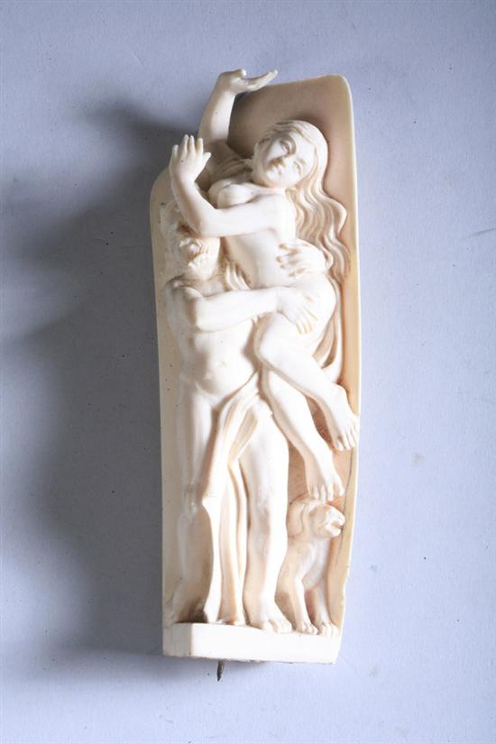 Appraisal: CONTINENTAL RELIEF-CARVED IVORY PLAQUE th century Carved in high relief