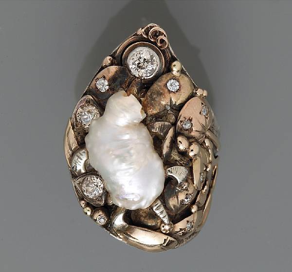 Appraisal: An arts and crafts baroque pearl and diamond ring in