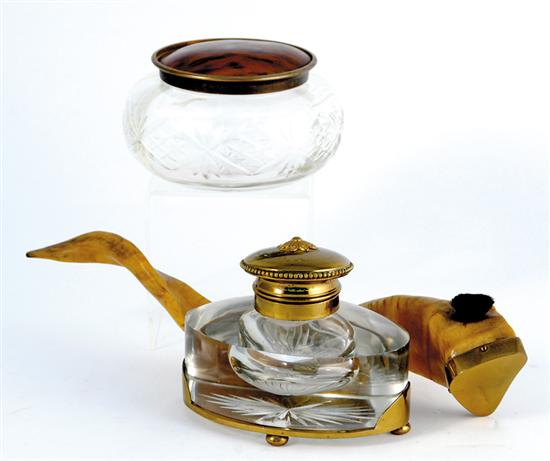 Appraisal: Horn-mounted inkwell and jar brass and crystal inkwell mounted with