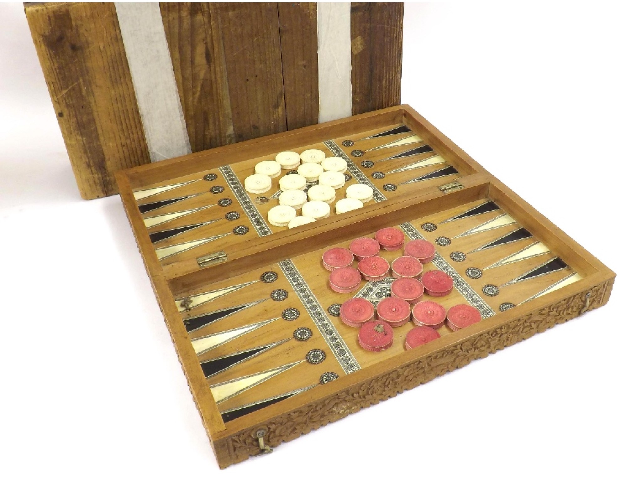 Appraisal: Anglo-Indian carved hardwood and ivory backgammon and chess box in