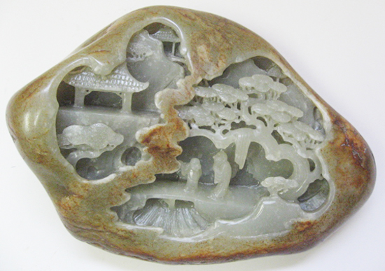 Appraisal: Chinese Carved Celadon and Russet Jade Boulder depicting scholars in