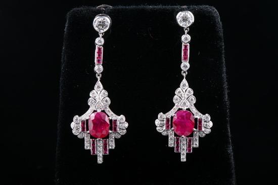 Appraisal: PAIR ART DECO STYLE K WHITE GOLD RUBY AND DIAMOND