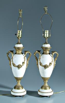 Appraisal: Pair ormolu mounted marble lamps openwork ormolu handles with floral