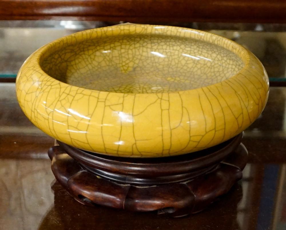 Appraisal: CHINESE CRACKLEWARE BOWL ON HARDWOOD STAND D IN CM Chinese