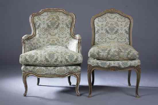 Appraisal: LOUIS XV STYLE CARVED AND CREAM-PAINTED BERGERE WITH CO-ORDINATING SIDE