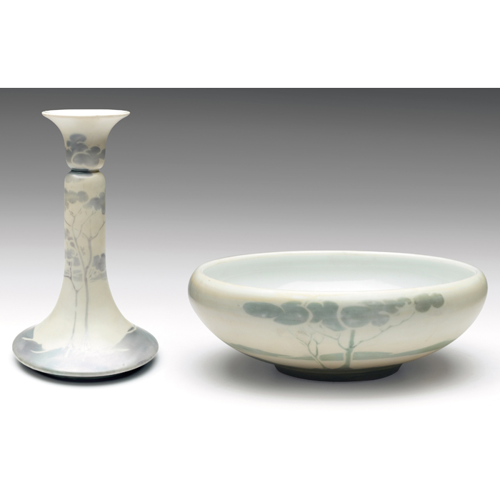 Appraisal: Fraunfelter candlestick stylized landscape in a silver glaze against an