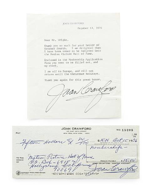 Appraisal: A Joan Crawford signed note and handwritten check Typed on