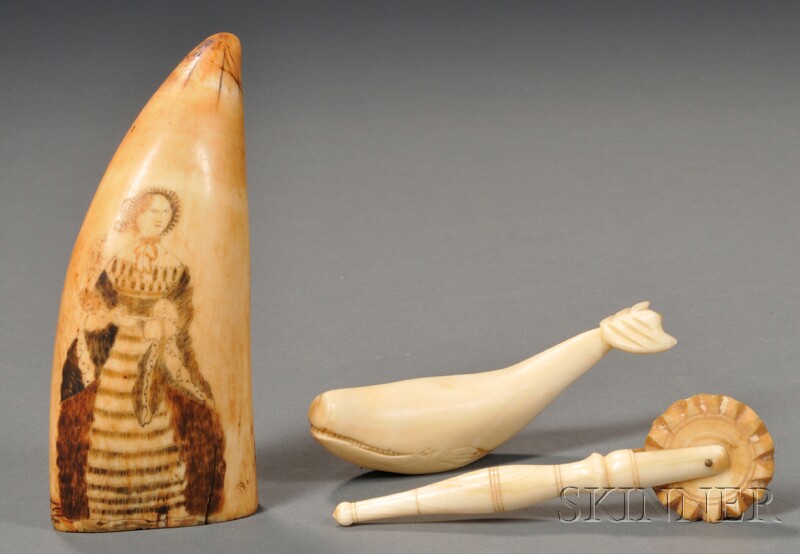 Appraisal: Three Scrimshaw Items th century a whale's tooth engraved with