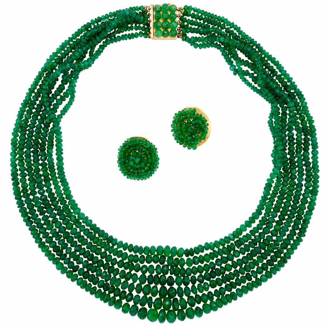 Appraisal: Seven Strand Emerald Bead Necklace and Pair of Earclips Emerald