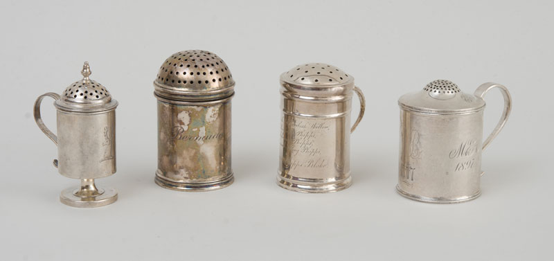 Appraisal: THREE AMERICAN SILVER PEPPER POTS AND A SILVER DREDGER Comprising