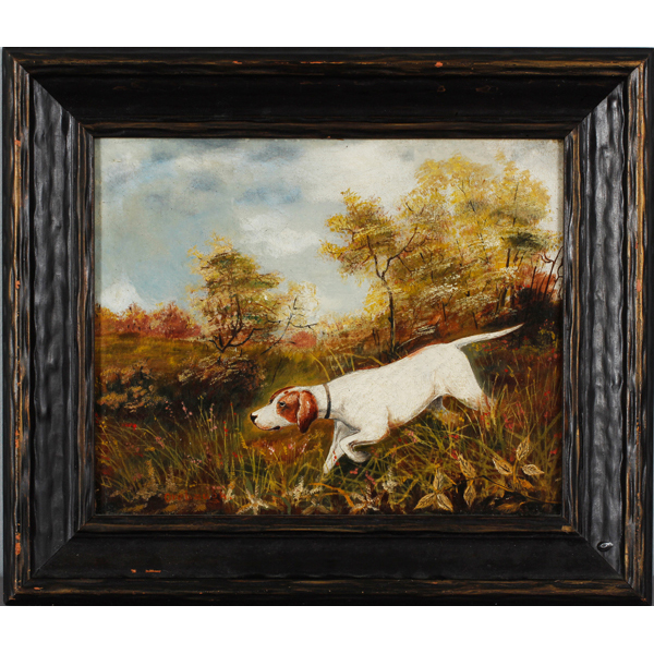 Appraisal: English Setter Pointer hunting dog in landscape oil painting signed