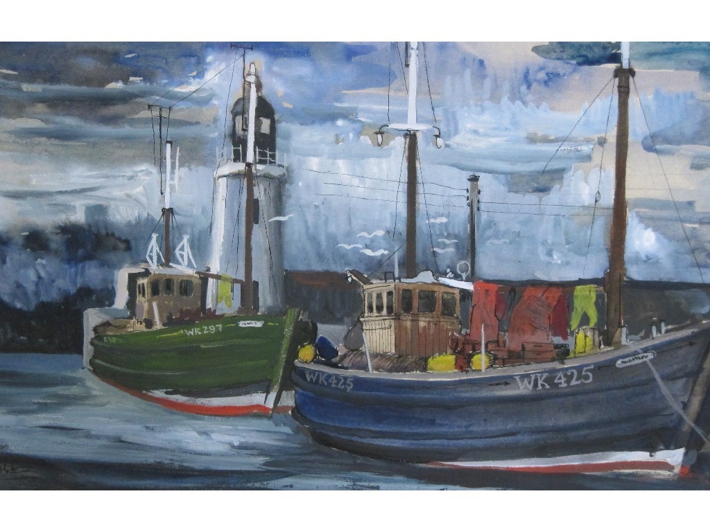 Appraisal: GEORGE JOHNSON Gouache 'Wick fishing boats' signed recto and labelled