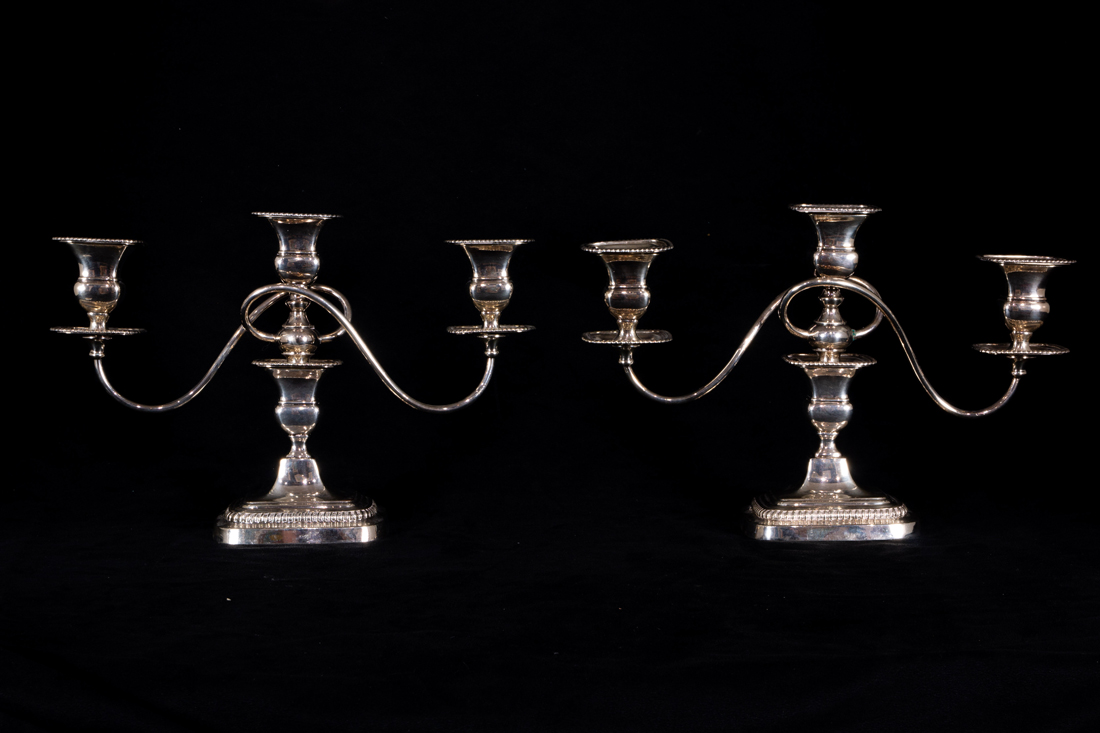 Appraisal: PAIR OF SHEFFIELD PLATE THREE LIGHT CANDELABRA H X W