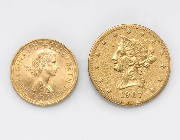 Appraisal: A Liberty gold coin together with a British sovereign Elizabeth