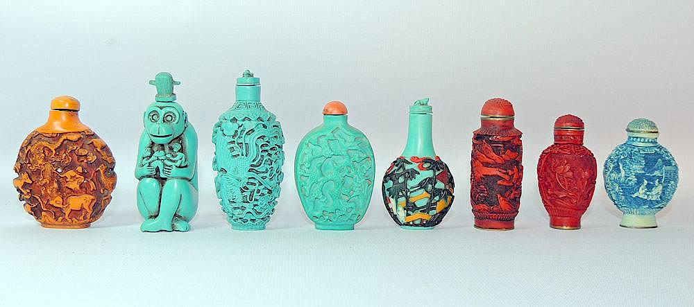 Appraisal: Assembled Grouping of Eight Snuff Bottles Eight snuff bottles including