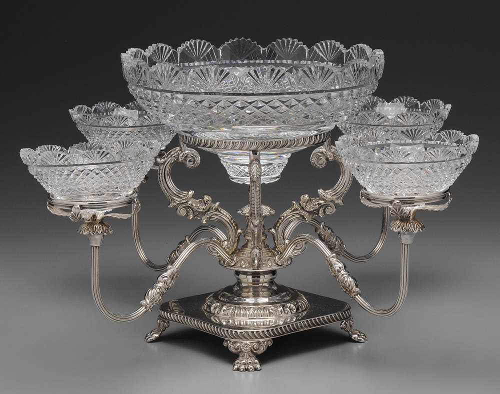 Appraisal: Silver-Plate and Glass Epergne English th century scroll acanthus and