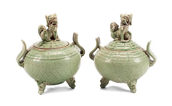 Appraisal: A Pair of Chinese Celadon Porcelain Covered Censers Height inches