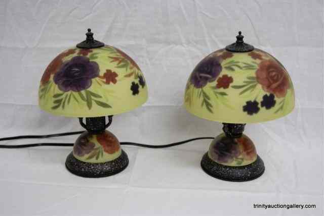 Appraisal: Pr Painted Burmese Style Glass Bedroom LampsThey are a matching