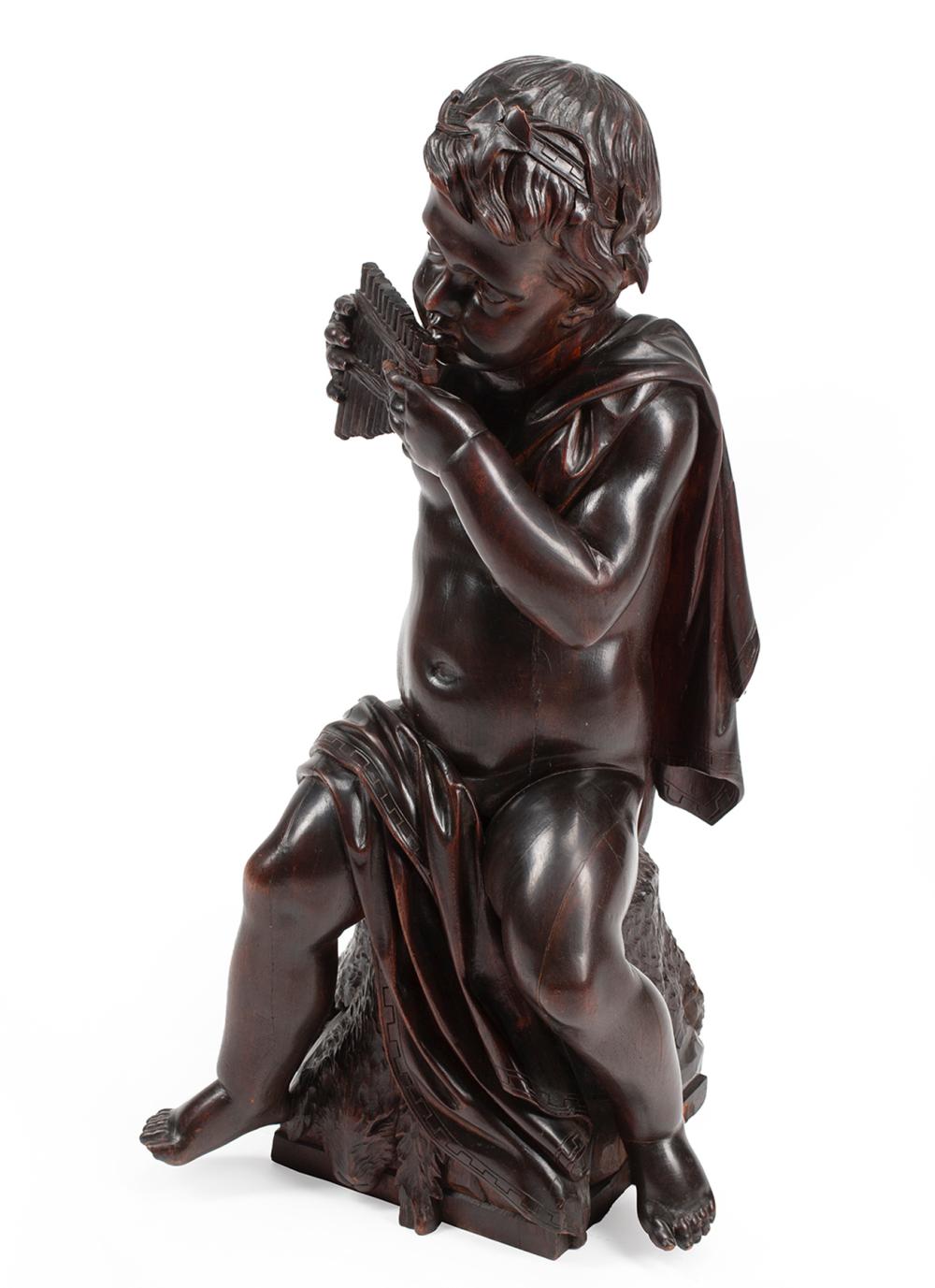 Appraisal: Italian Carved Wood Figure of a Boy Playing Pan Pipes