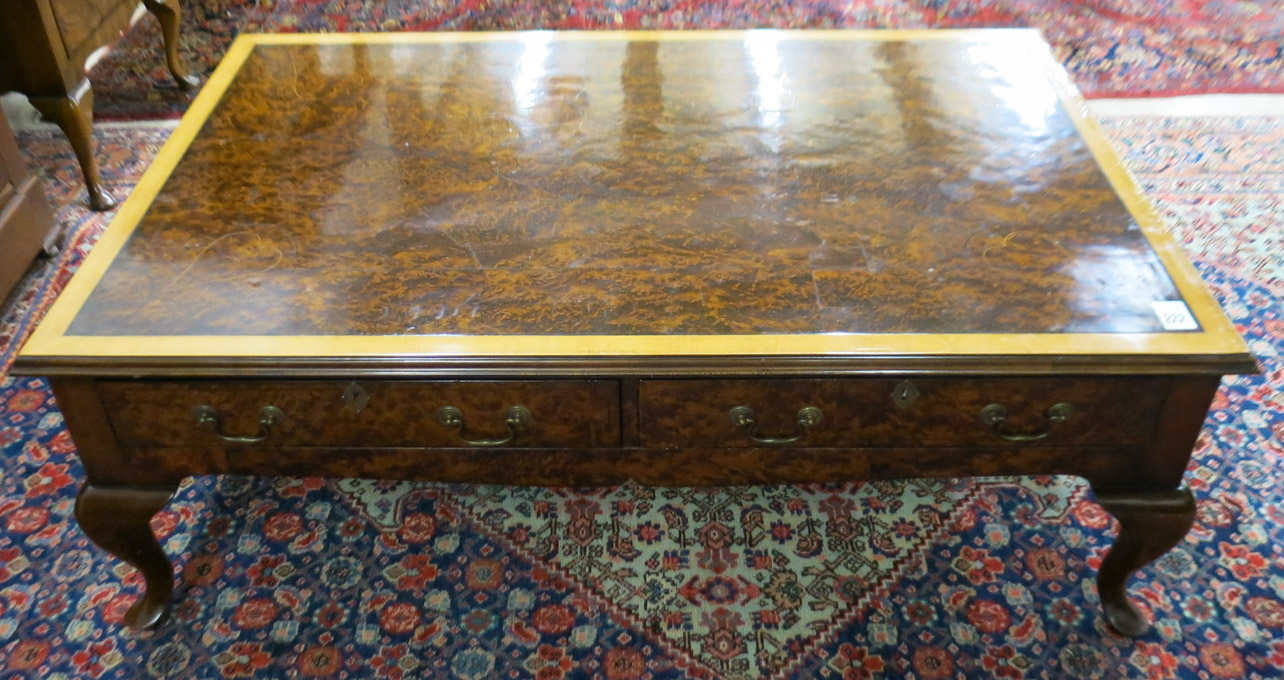 Appraisal: QUEEN ANNE STYLE MAHOGANY AND BURL WALNUT COFFEE TABLE English