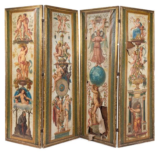 Appraisal: Sale Lot A Continental Painted Canvas Four-Panel Floor Screen late