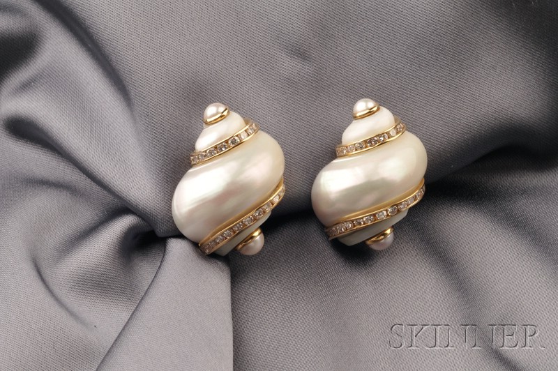 Appraisal: kt Gold Turbo Shell and Diamond Earclips Seaman Schepps each