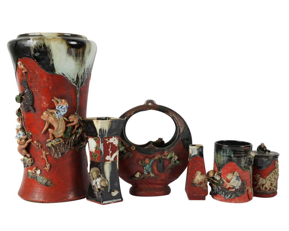 Appraisal: COLLECTION OF JAPANESE SUMIDA WARE POTTERYcomprising five vases and a